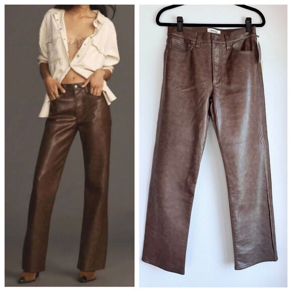 NWT AGOLDE Sloane Recycled Leather Mid Rise Straight Leg Jeans in Cola Brown 27 - Picture 1 of 11